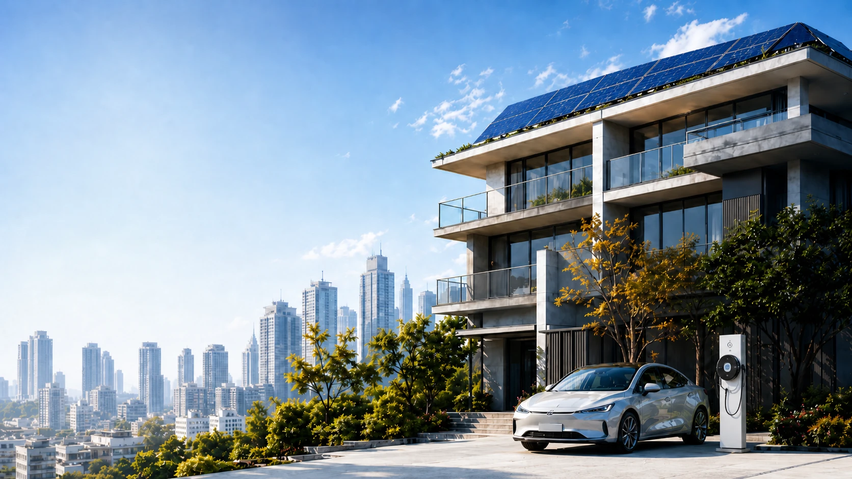 EV充電設備と太陽光パネルを備えたマンション外観